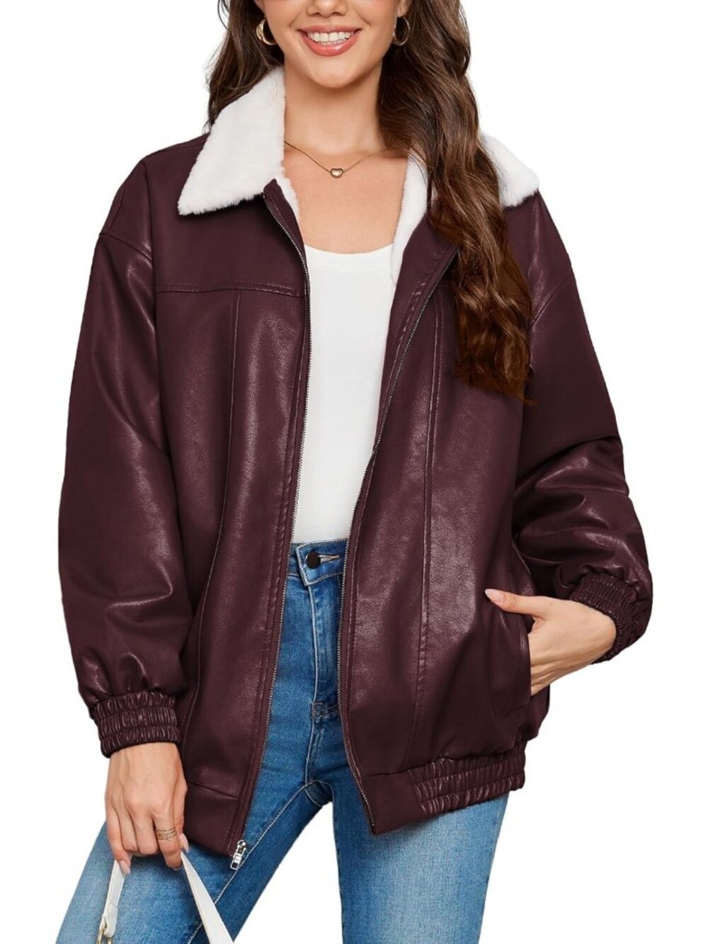 Cozy Oversized Faux Leather Sherpa Jacket with Zip & Ribbed Details - Warm Coat